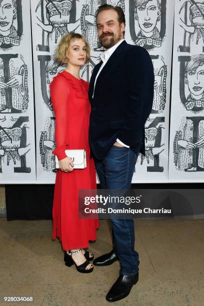 Alison Sudol and David Harbour attend the Miu Miu show as part of the Paris Fashion Week Womenswear Fall/Winter 2018/2019 on March 6, 2018 in Paris,...