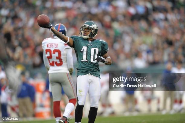 Wide Receiver DeSean Jackson of the Philadelphia Eagles celebrates during the game against the New York Giants on November 1, 2009 at Lincoln...