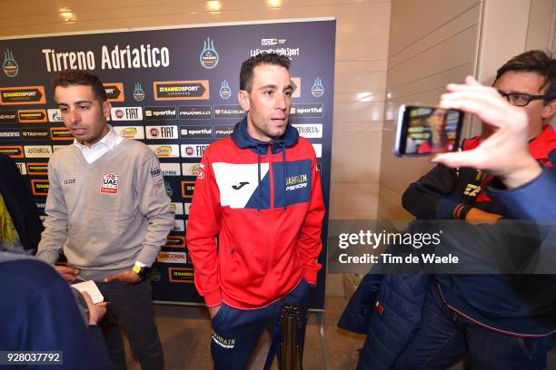 Vincenzo Nibali of Italy and Fabio Aru of Italy attends the 53rd Tirreno-Adriatico 2017 / Press Conference on March 6, 2018 in Tuscany, Italy.