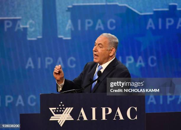 Israeli Prime Minister Benjamin Netanyahu speaks during the American Israel Public Affairs Committee policy conference in Washington, DC, on March 6,...