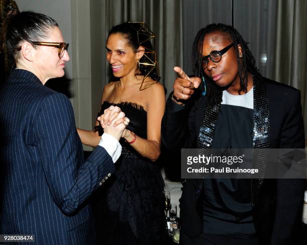 Jenna Lyons, Racquel Chevremont and Mickalene Thomas attend Mickalene Thomas and Racquel Chevremont Present Deux Femme Noirs at The Edition Hotel on...