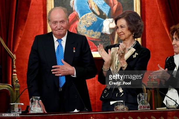 Former King of Spain, Juan Carlos I of Spain and Sofia of Spain attend a ceremony to celebrate Juan Carlos I of Spain 80th birthday, which was held...