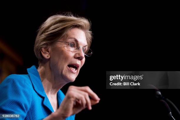 Sen. Elizabeth Warren, D-Mass., holds a news conference in the Capitol on banking deregulation legislation on Tuesday, March 6, 2018.