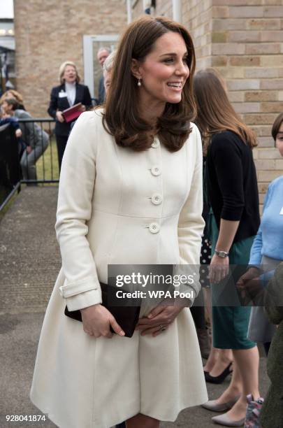 Catherine, The Duchess of Cambridge arrives to learn about the work of the charity Family Links which works closely with schools nationwide to...