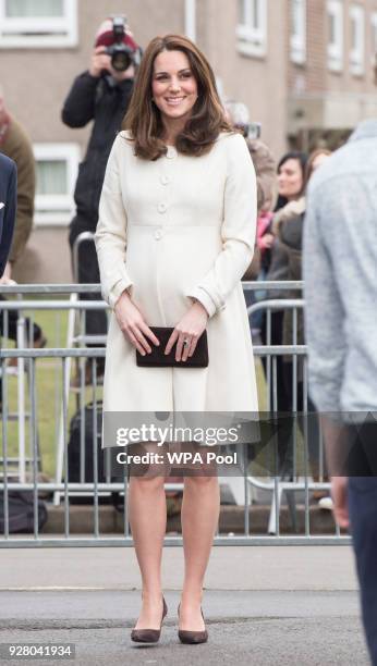 Catherine, The Duchess of Cambridge arrives to learn about the work of the charity Family Links which works closely with schools nationwide to...