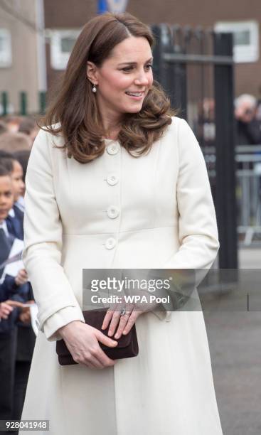 Catherine, The Duchess of Cambridge arrives to learn about the work of the charity Family Links which works closely with schools nationwide to...