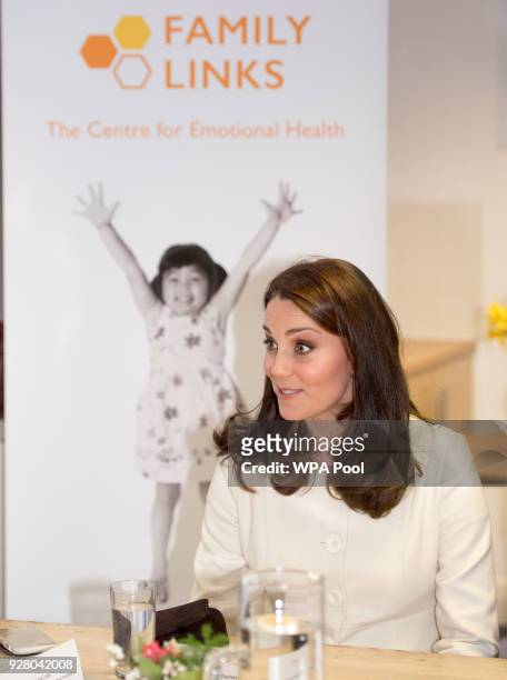 Catherine, The Duchess of Cambridge arrives to learn about the work of the charity Family Links which works closely with schools nationwide to...