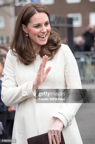 Catherine, Duchess of Cambridge arrives to learn about the work of the charity Family Links which works closely with schools nationwide to support...