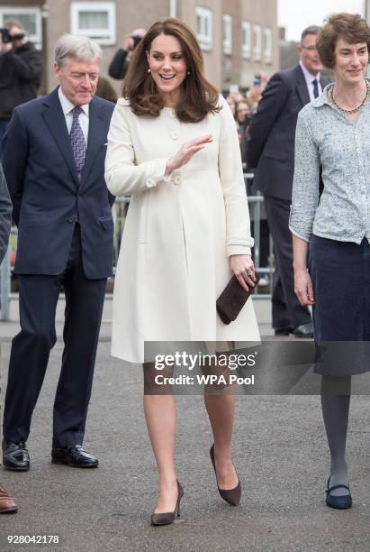 Catherine, Duchess of Cambridge arrives to learn about the work of the charity Family Links which works closely with schools nationwide to support...