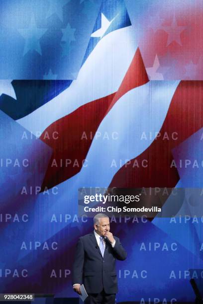 Israeli Prime Minister Benjamin Netanyahu addresses the American Israel Public Affairs Committee's annual policy conference at the Washington...