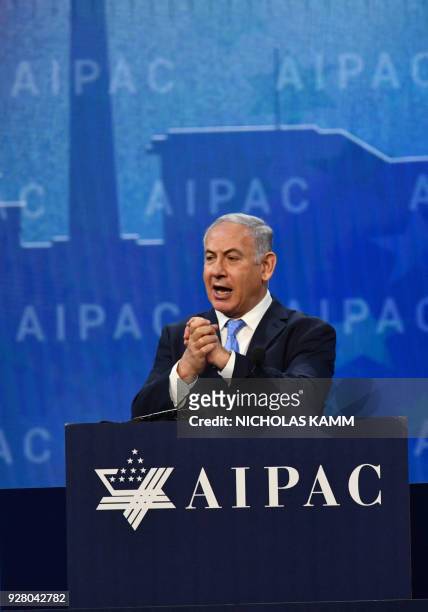 Israeli Prime Minister Benjamin Netanyahu speaks during the American Israel Public Affairs Committee policy conference in Washington, DC, on March 6,...