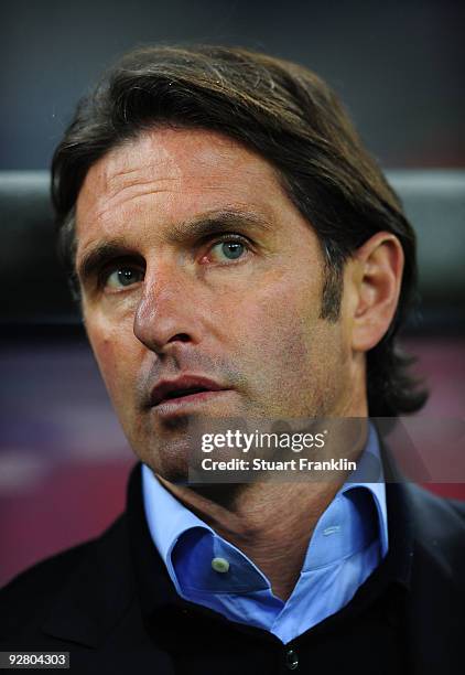 Head coach Bruno Labbadia of Hamburg is seen during the UEFA Europa League game between Hamburger Sv and Glasgow Celtic on November 5, 2009 in...