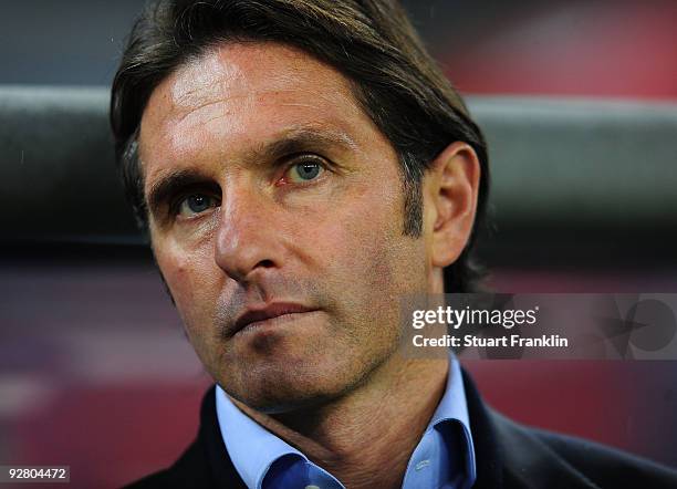 Head coach Bruno Labbadia of Hamburg is seen during the UEFA Europa League game between Hamburger Sv and Glasgow Celtic on November 5, 2009 in...