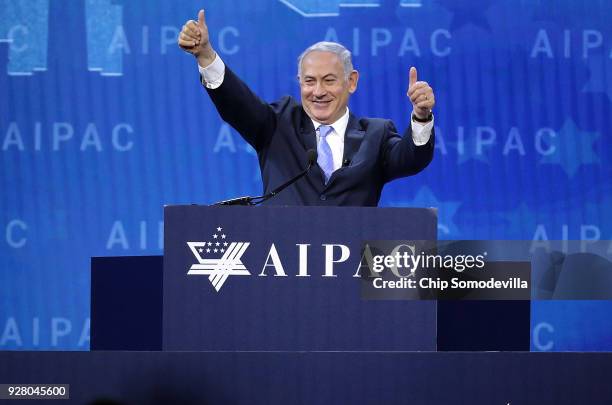 Israeli Prime Minister Benjamin Netanyahu addresses the American Israel Public Affairs Committee's annual policy conference at the Washington...