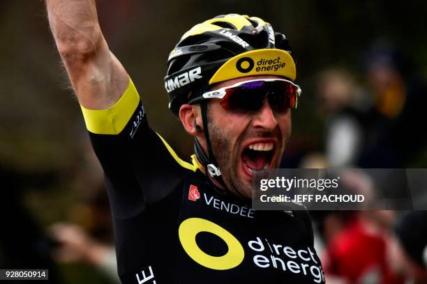 Direct Energie team French rider Jonathan Hivert celebrates as he crosses the finish line to win the third stage of the Paris - Nice cycling race...