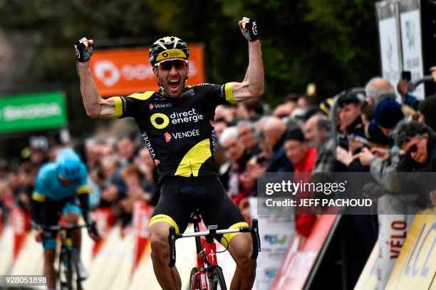 Direct Energie team French rider Jonathan Hivert celebrates as he crosses the finish line to win the third stage of the Paris - Nice cycling race...