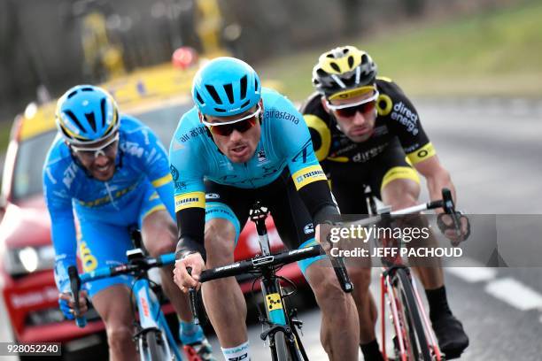 Astana team Spanish rider Luis Leon Sanchez , Delko-Marseille team French rider Remy Di Gregorio and Direct Energie team French rider Jonathan Hivert...