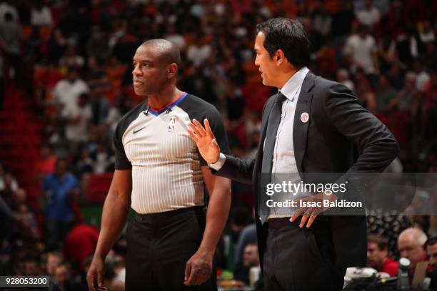 Referee, Tony Brown talks with Erik Spoelstra of the Miami Heat during the game against the Los Angeles Lakers on March 1, 2018 at American Airlines...