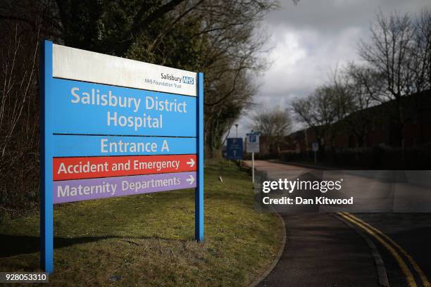 General view of the Salisbury District Hospital sign after Sergei Skripal, 66 and his duaghter Yulia Skripal, in her 30s, were found unconscious in...