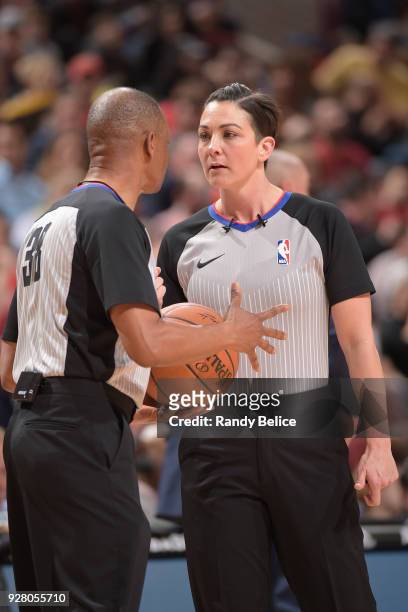 Referees, Lauren Holtkamp and Michael Smith talk during the Dallas Mavericks game against the Chicago Bulls on March 2, 2018 at the United Center in...