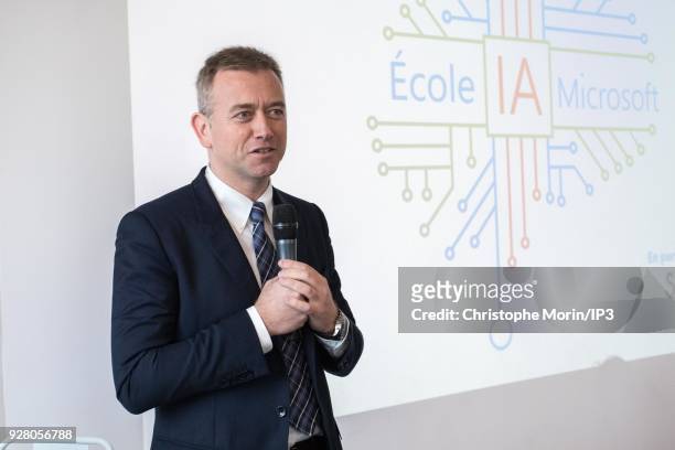 Carlo Purassanta, president of Microsoft France, attends the inauguration of the IA Microsoft School, on March 6, 2018 in Issy-les-Moulineaux,...