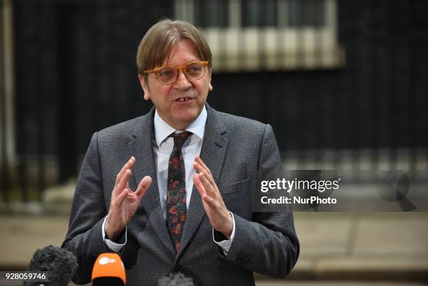 Guy Verhofstadt Member of the European Parliament speaks to the press at Downing Street following a meeting with Brexit staff the Prime Minister,...