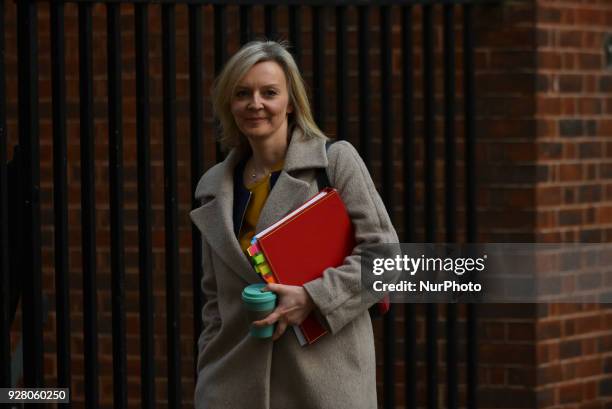 Britain's Chief Secretary to the Treasury Liz Truss arrives in Downing street on central London on March 6, 2018 for the weekly meeting of the...