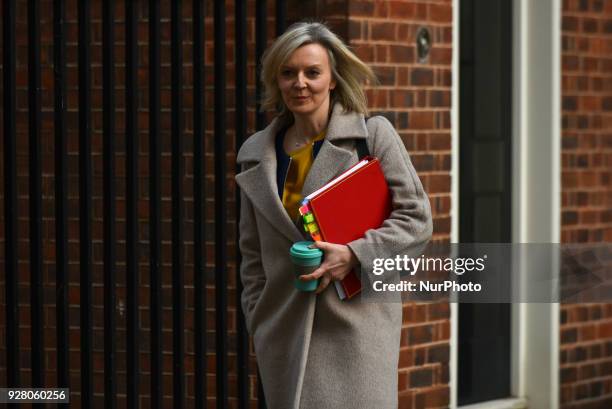 Britain's Chief Secretary to the Treasury Liz Truss arrives in Downing street on central London on March 6, 2018 for the weekly meeting of the...