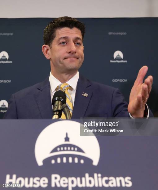 House Speaker Paul Ryan speaks to the media about the GOP agenda after a meeting with House Republicans on Capitol Hill, on March 6, 2018 in...