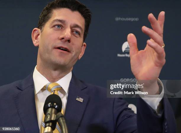 House Speaker Paul Ryan speaks to the media about the GOP agenda after a meeting with House Republicans on Capitol Hill, on March 6, 2018 in...