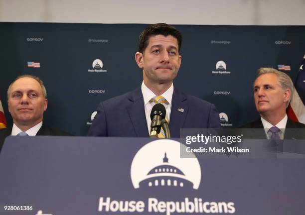 House Speaker Paul Ryan , , speaks to the media while flanked by House Majority Leader Kevin McCarthy , , and House Majority Whip, Steve Scalise ,...