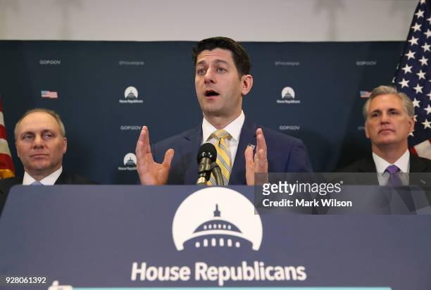 House Speaker Paul Ryan , , speaks to the media while flanked by House Majority Leader Kevin McCarthy , , and House Majority Whip, Steve Scalise ,...