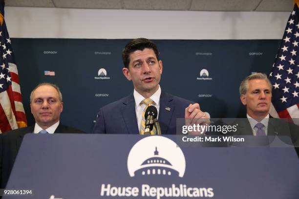 House Speaker Paul Ryan , , speaks to the media while flanked by House Majority Leader Kevin McCarthy , , and House Majority Whip, Steve Scalise ,...