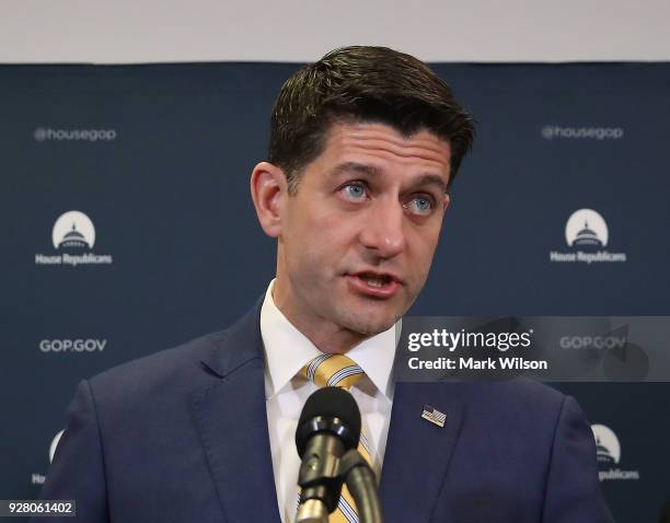 House Speaker Paul Ryan speaks to the media about the GOP agenda after a meeting with House Republicans on Capitol Hill, on March 6, 2018 in...