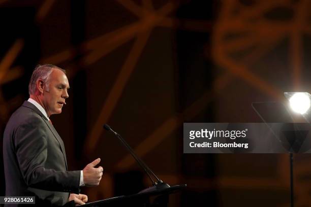 Ryan Zinke, U.S. Secretary of interior, speaks during the 2018 CERAWeek by IHS Markit conference in Houston, Texas, U.S., on Tuesday, March 6, 2018....