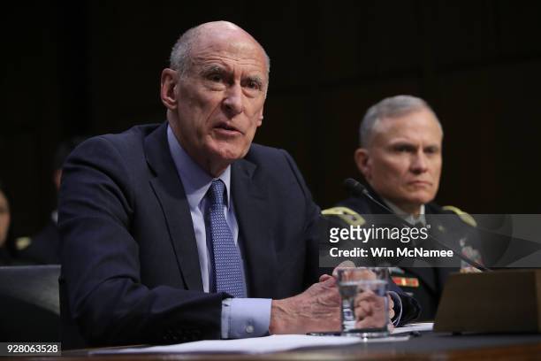 Director of National Intelligence Daniel Coats and U.S. Army Lt. Gen. Robert P. Ashley , director of the Defense Intelligence Agency, answer...