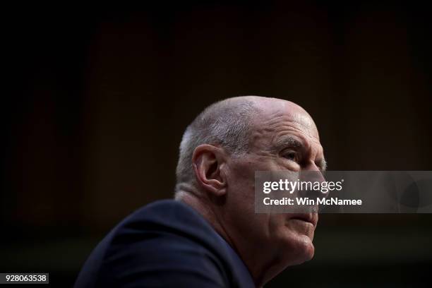 Director of National Intelligence Daniel Coats answers questions during a hearing held by the Senate Armed Services Committee March 6, 2018 in...