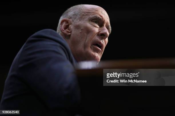 Director of National Intelligence Daniel Coats answers questions during a hearing held by the Senate Armed Services Committee March 6, 2018 in...