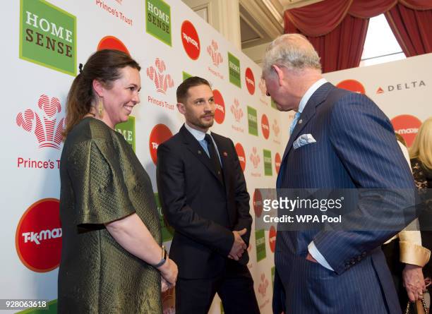 Prince Charles, Prince of Wales speaks to actors and Celebrity Trust Ambassadors Olivia Colman and Tom Hardy at The Prince's Trust Awards at The...