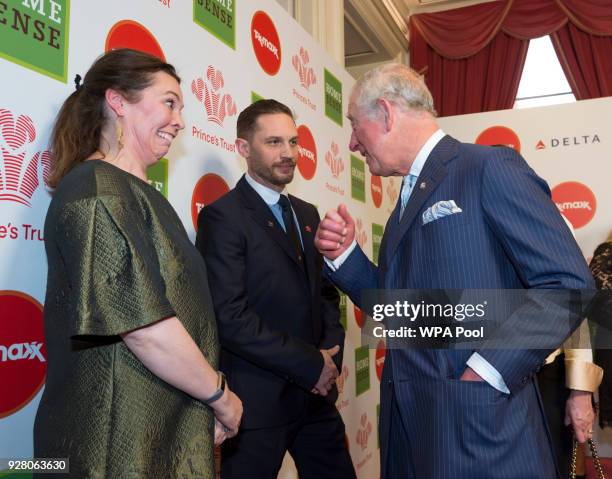 Prince Charles, Prince of Wales speaks to actors and Celebrity Trust Ambassadors Olivia Colman and Tom Hardy at The Prince's Trust Awards at The...