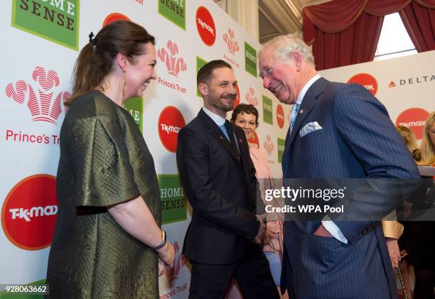 Prince Charles, Prince of Wales speaks to actors and Celebrity Trust Ambassadors Olivia Colman, Tom Hardy and Helen McCory at The Prince's Trust...