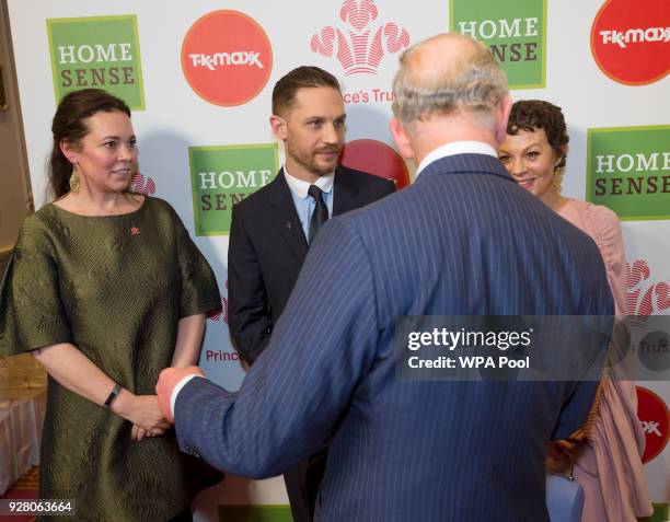 Prince Charles, Prince of Wales speaks to actors and Celebrity Trust Ambassadors Olivia Colman, Tom Hardy and Helen McCory at The Prince's Trust...