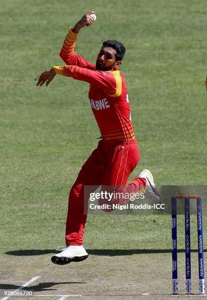 Sikandar Raza Butt of Zimbabwe bowls during the ICC Cricket World Cup Qualifier between Zimbabwe and Afghanistan at Queens Sorts Club on March 6,...