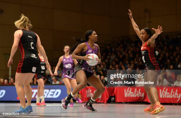 Sasha Corbin of Benecos Mavericks on takes on Iman Thomas of Team Northumbria during the Vitality Superleague match between Team Northumbria and...