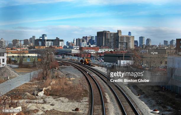 View from a bridge over the railroad tracks near Webster Street in Somerville, MA, looking south, is pictured on March 5, 2018. A New York real...
