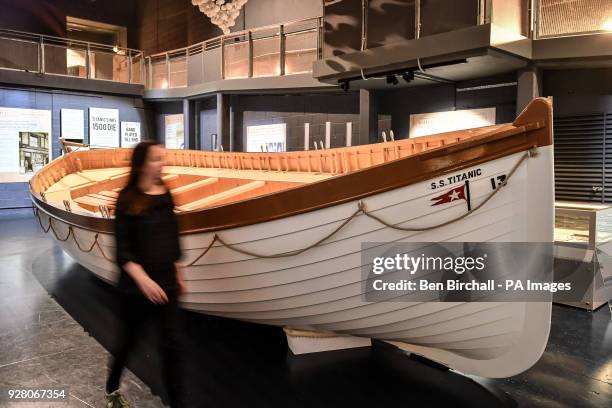 Full scale replica of a lifeboat from RMS Titanic on display during a preview of the Titanic Stories exhibition at the National Maritime Museum...