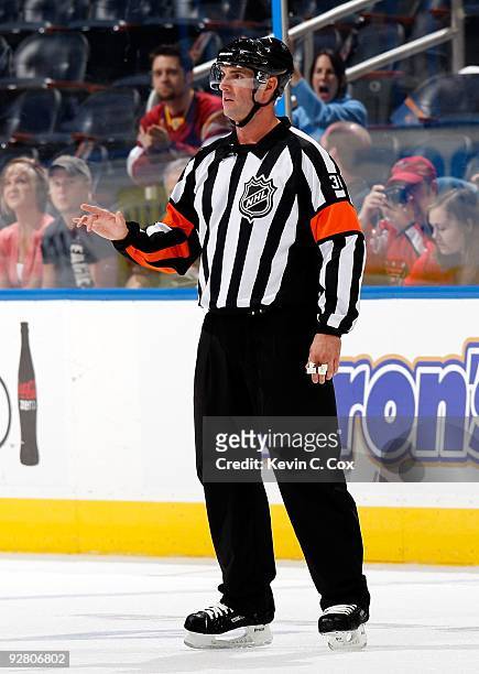 Referee Dean Morton during the game between the Washington Capitals and the Atlanta Thrashers at Philips Arena on October 29, 2009 in Atlanta,...