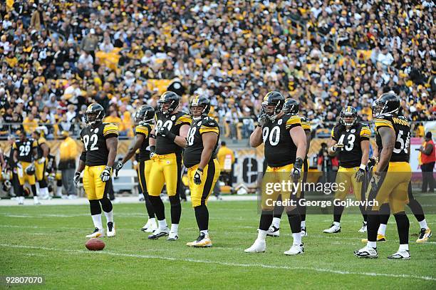 Defensive players James Harrison, Brett Keisel, Casey Hampton, Travis Kirschke, Troy Polamalu and LaMarr Woodley of the Pittsburgh Steelers look on...