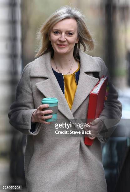 March 06 : British Politican Liz Truss MP Chief Secretary to the Treasury arriving at No10 for the weekly cabinet meeting this morning, on March 06,...