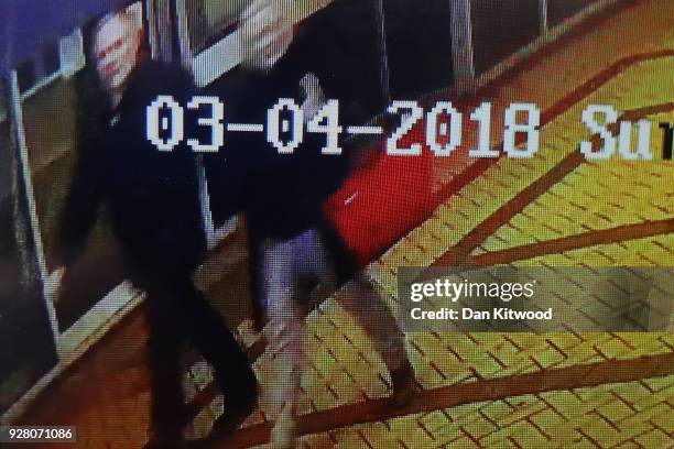 Detail of a screen as a journalist shows CCTV footage on a mobile phone believed to show Sergei Skripal, 66 and his duaghter Yulia Skripal, in her...